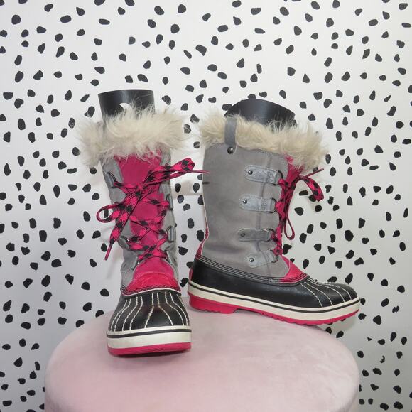 Sorel Gray Faux Fur Trim Girls Lace Up Winter Tofino Boots